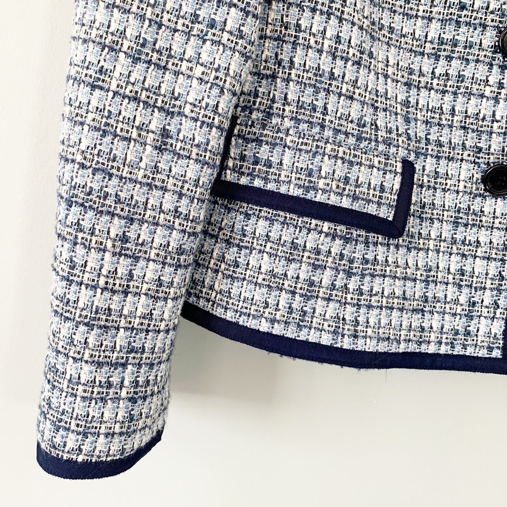NWOT Talbots Tweed Blazer Women 10 Blue White Grosgrain Trim Textured Jacket - Picture 2 of 11